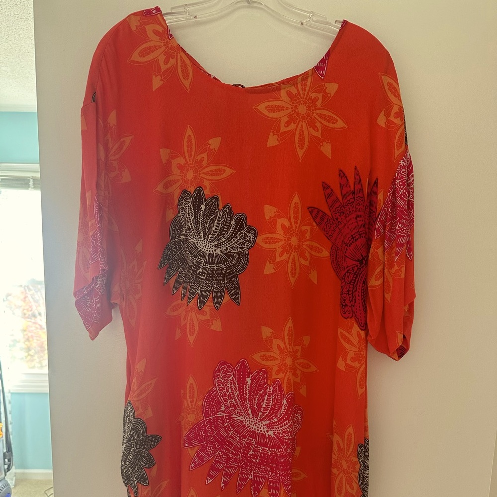 Below the knee, orange lotus flower wedge dress